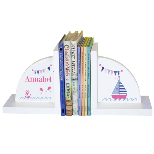 Personalized White Bookends with Pink Sailboat design