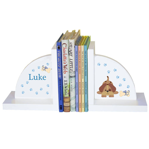Personalized White Bookends with Blue Puppy design