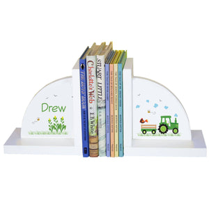 Personalized White Bookends with Green Tractor design