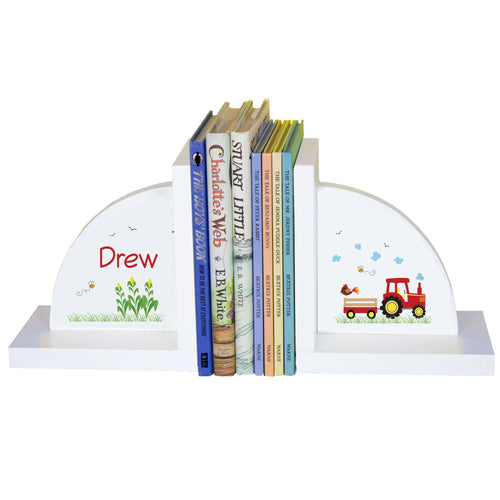 Personalized White Bookends with Red Tractor design