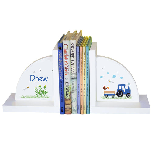 Personalized White Bookends with Blue Tractor design