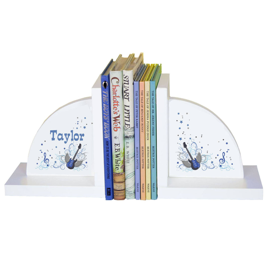 Personalized White Bookends with Blue Rock Star design