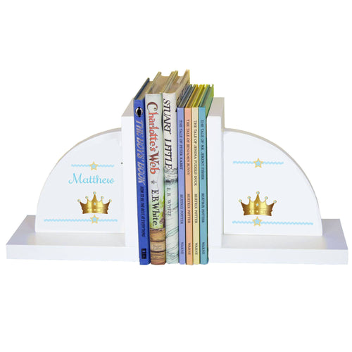 Personalized White Bookends with Prince Crown Blue design