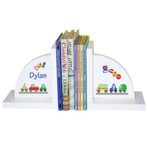 Personalized White Bookends with Cars and Trucks design