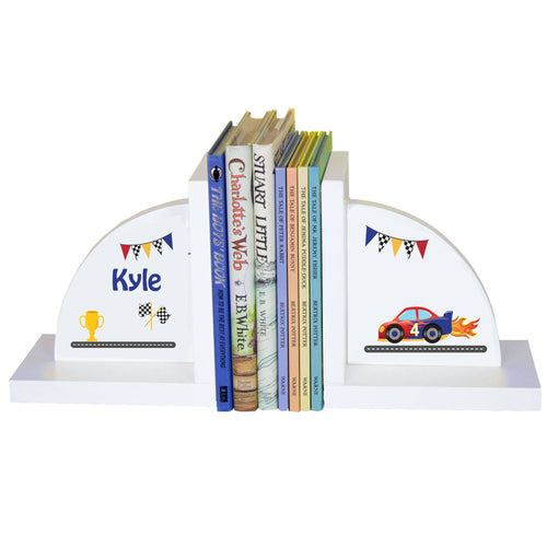 Personalized White Bookends with Race Cars design