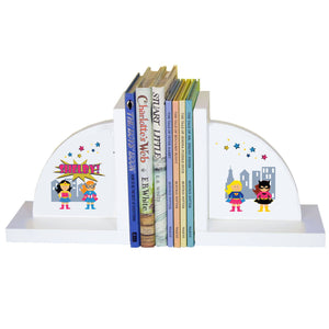 Personalized White Bookends with Super Girls design