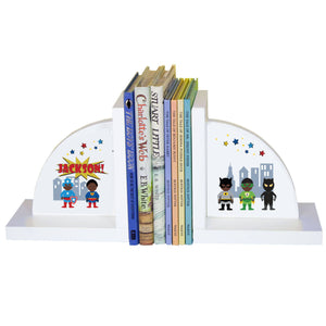 Personalized White Bookends with Superhero African American Boy design