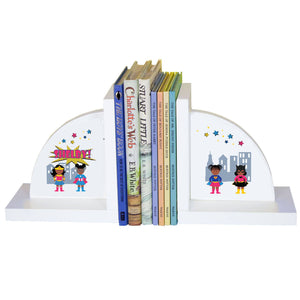 Personalized White Bookends with Super Girl African American design