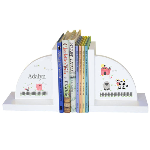 Personalized White Bookends with Barnyard Friends Pastel design