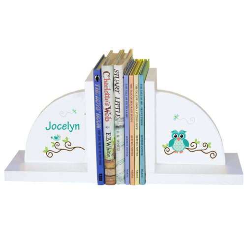 Personalized White Bookends with Blue Gingham Owl design