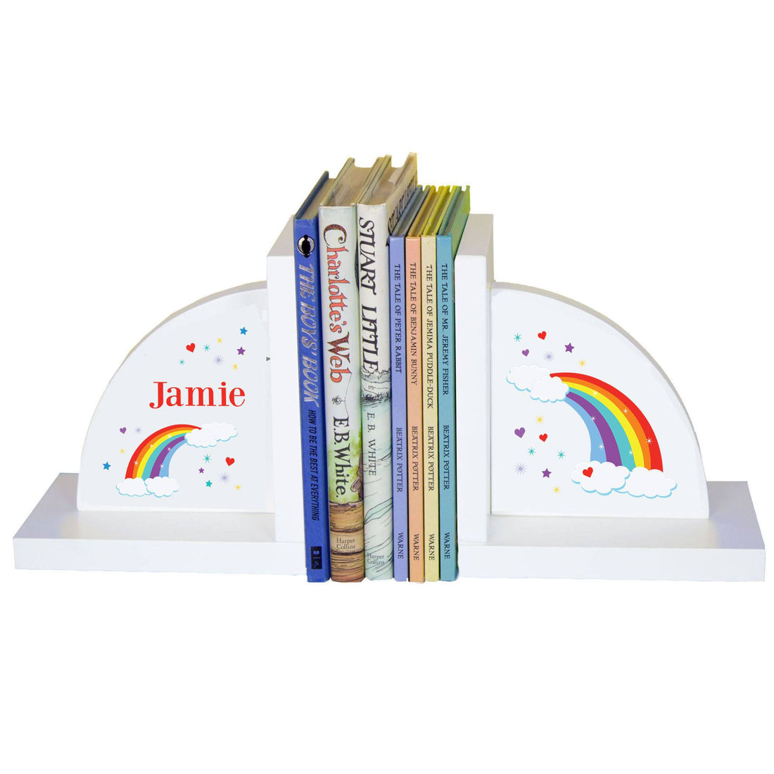 Personalized White Bookends with Rainbow design