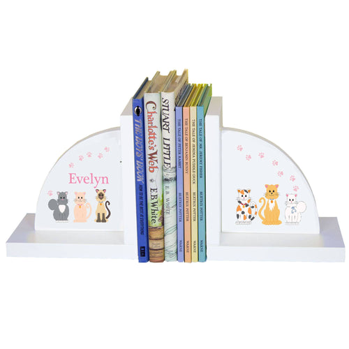 Personalized White Bookends with Pink Cats design