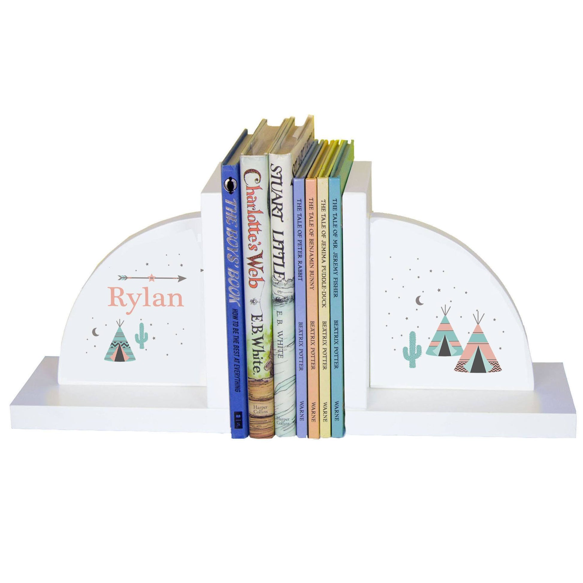 Personalized White Bookends with Teepee Aqua Mint design