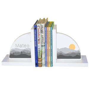 Personalized White Bookends with Misty Mountain design