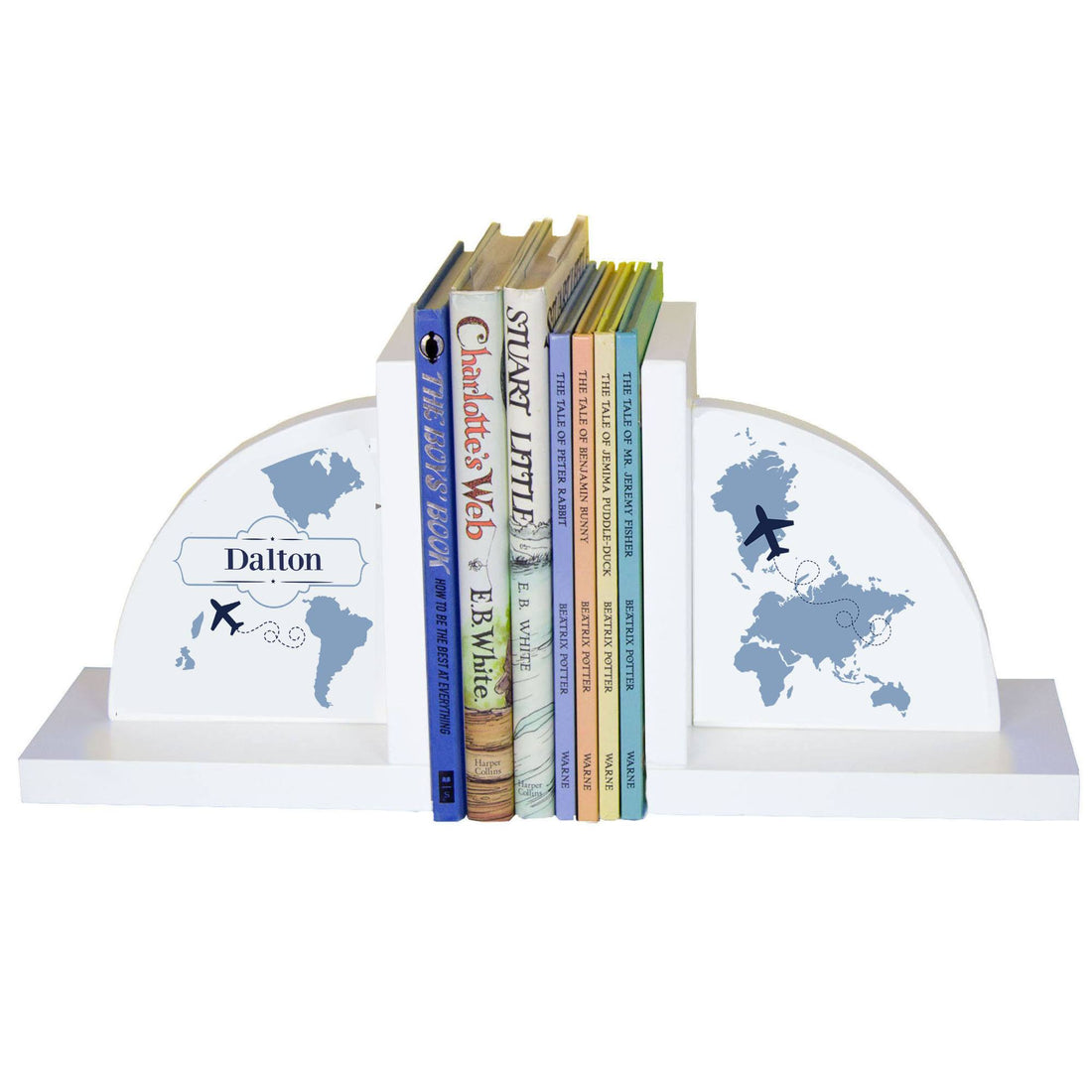Personalized White Bookends with World Map Blue design
