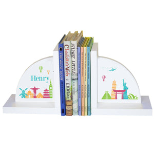 Personalized White Bookends with World Travel design