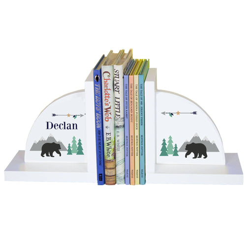 Personalized White Bookends with Mountain Bear design