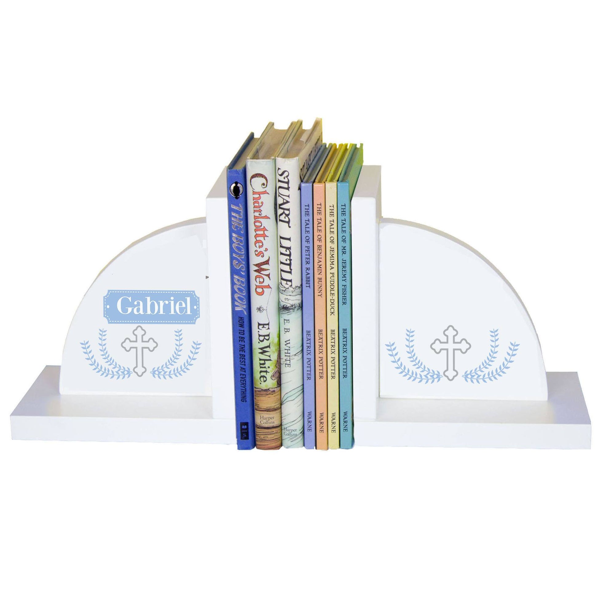 Personalized White Bookends with Cross Garland Lt Blue design
