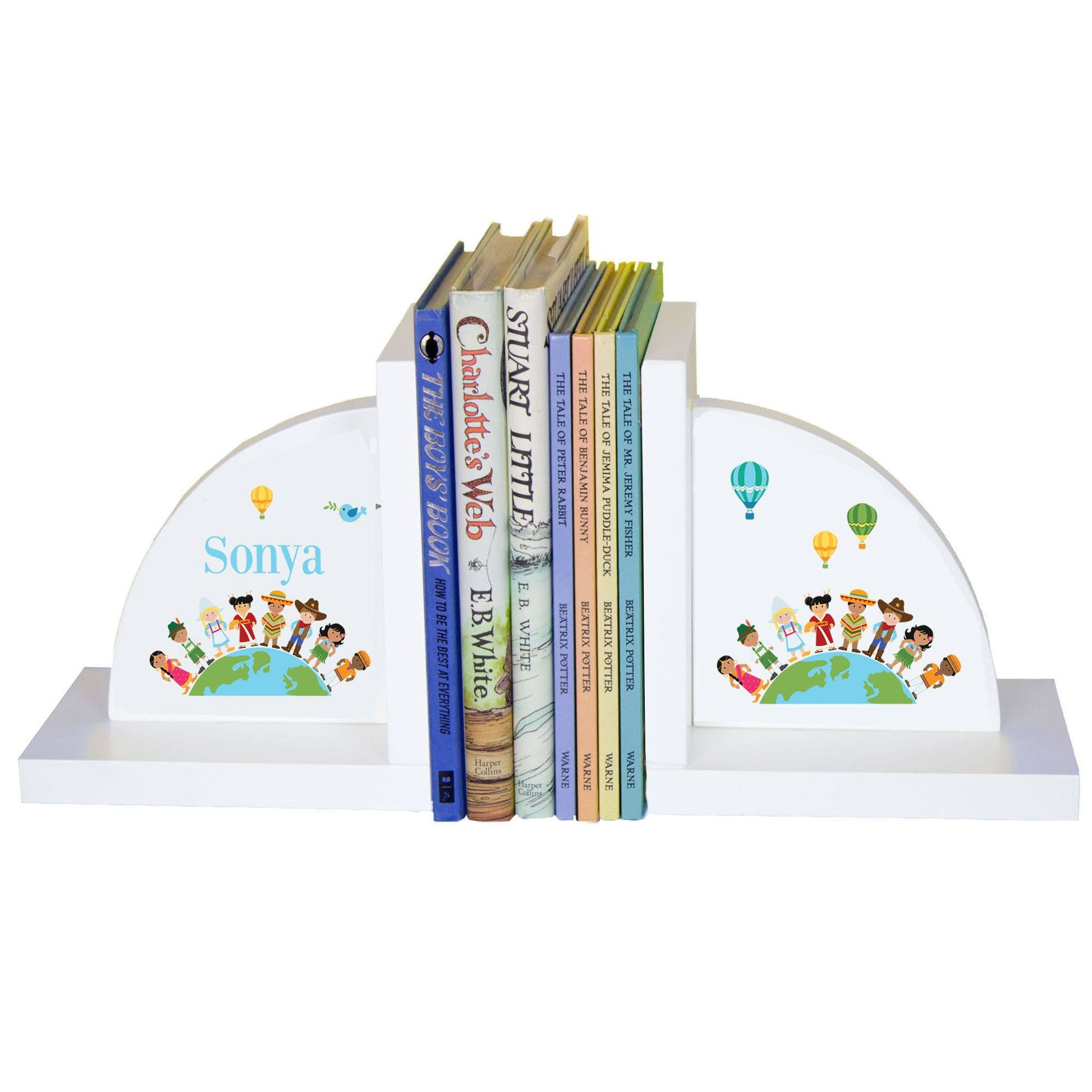 Personalized White Bookends with Small World design