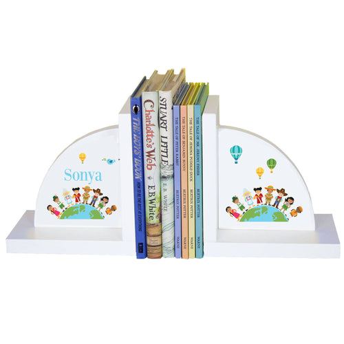 Personalized White Bookends with Small World design