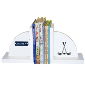 Personalized White Bookends with Ice Hockey design