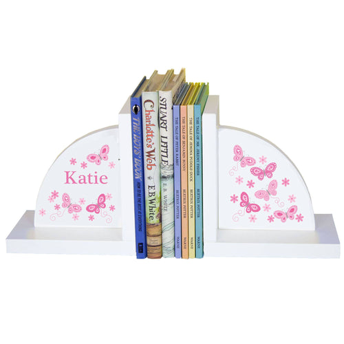 Personalized White Bookends with Butterflies Pink design