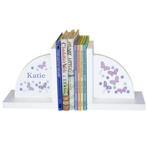 Personalized White Bookends with Butterflies Lavender design