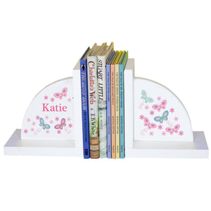 Personalized White Bookends with Butterflies Aqua Pink design