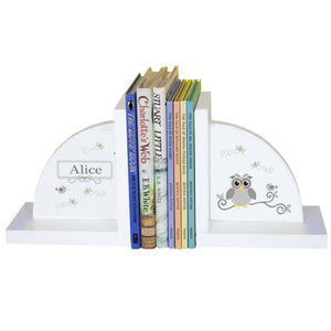 Personalized White Bookends with Gray Owl design