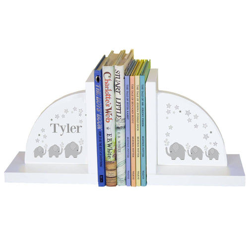 Personalized White Bookends with Gray Elephant design