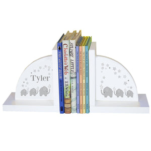 Personalized White Bookends with Gray Elephant design