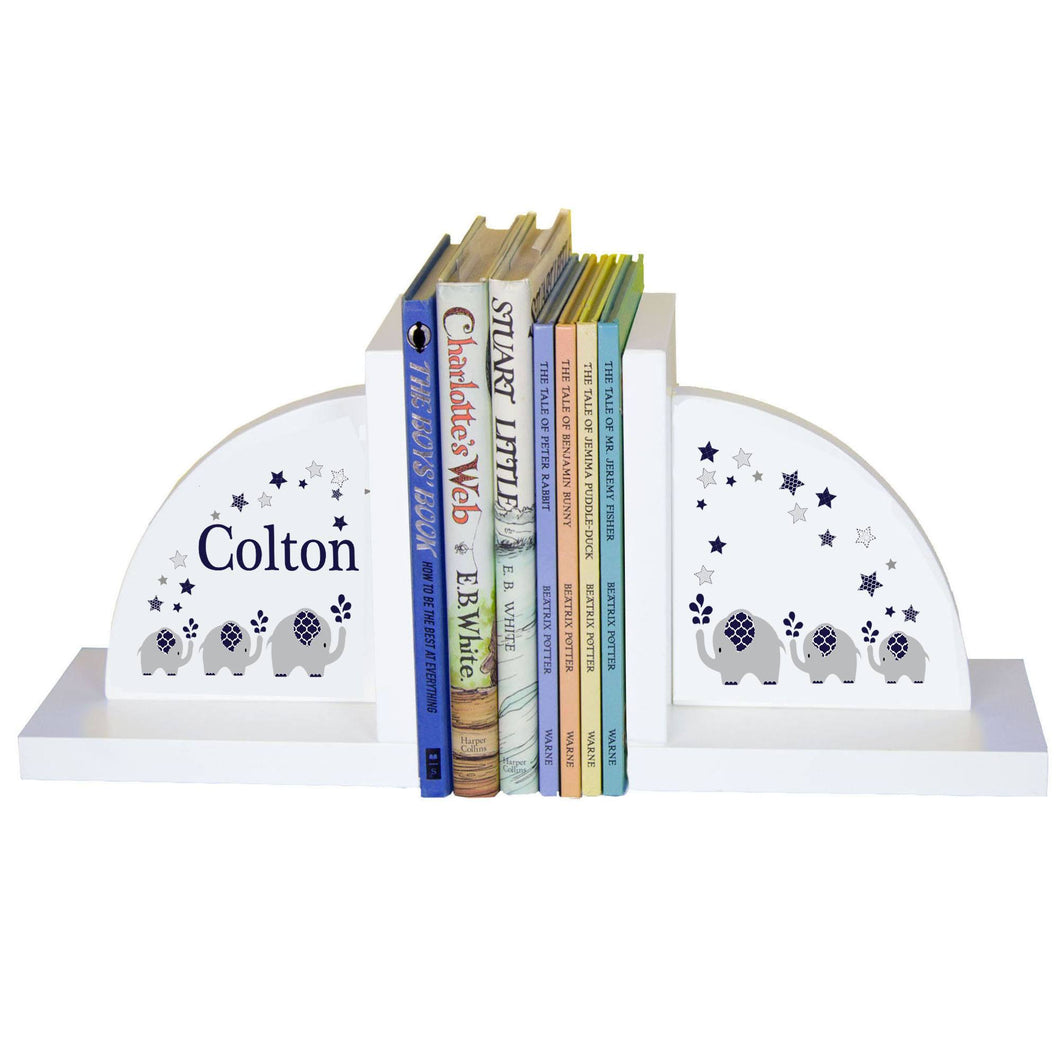 Personalized White Bookends with Navy Elephant design
