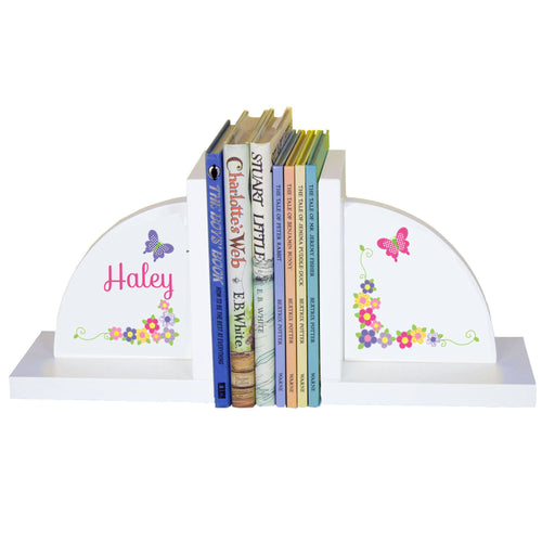 Personalized White Bookends with Bright Butterflies Garland design
