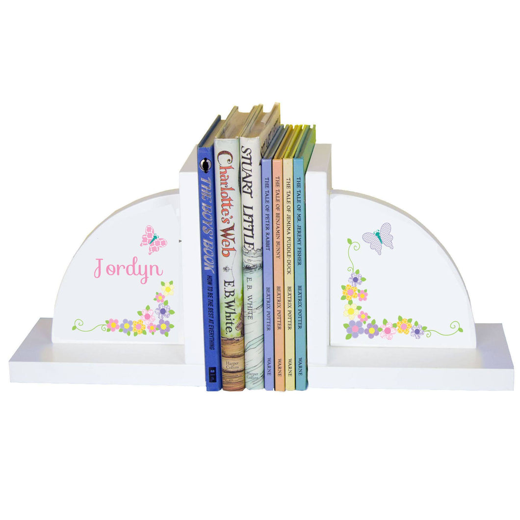 Personalized White Bookends with Pastel Butterflies design