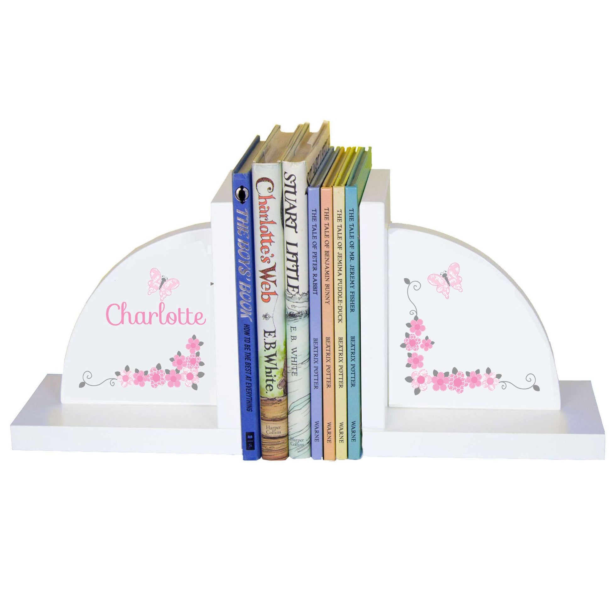 Personalized White Bookends with Pink and Gray Butterflies design