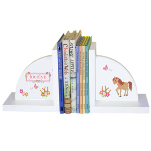 Personalized White Bookends with Ponies Prancing design