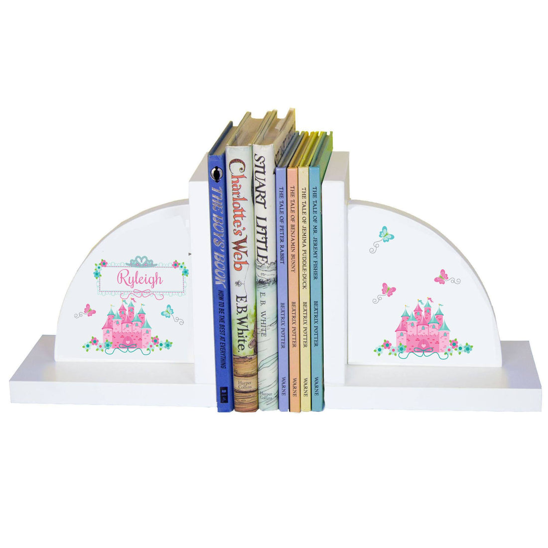 Personalized White Bookends with Pink Teal Castle design