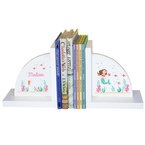 Personalized White Bookends with Brunette Mermaid Princess design