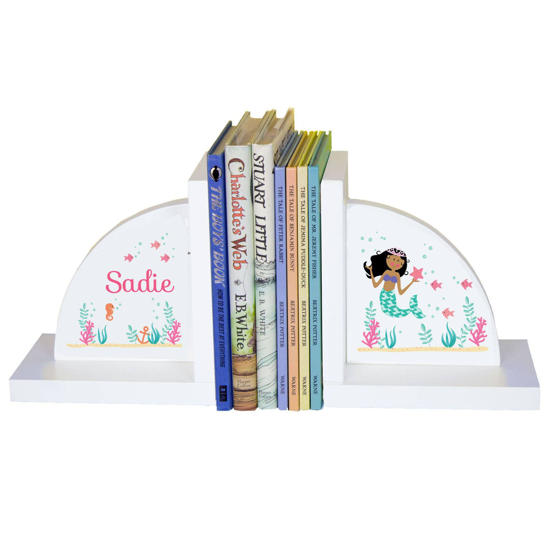 Personalized White Bookends with African American Mermaid Princess design