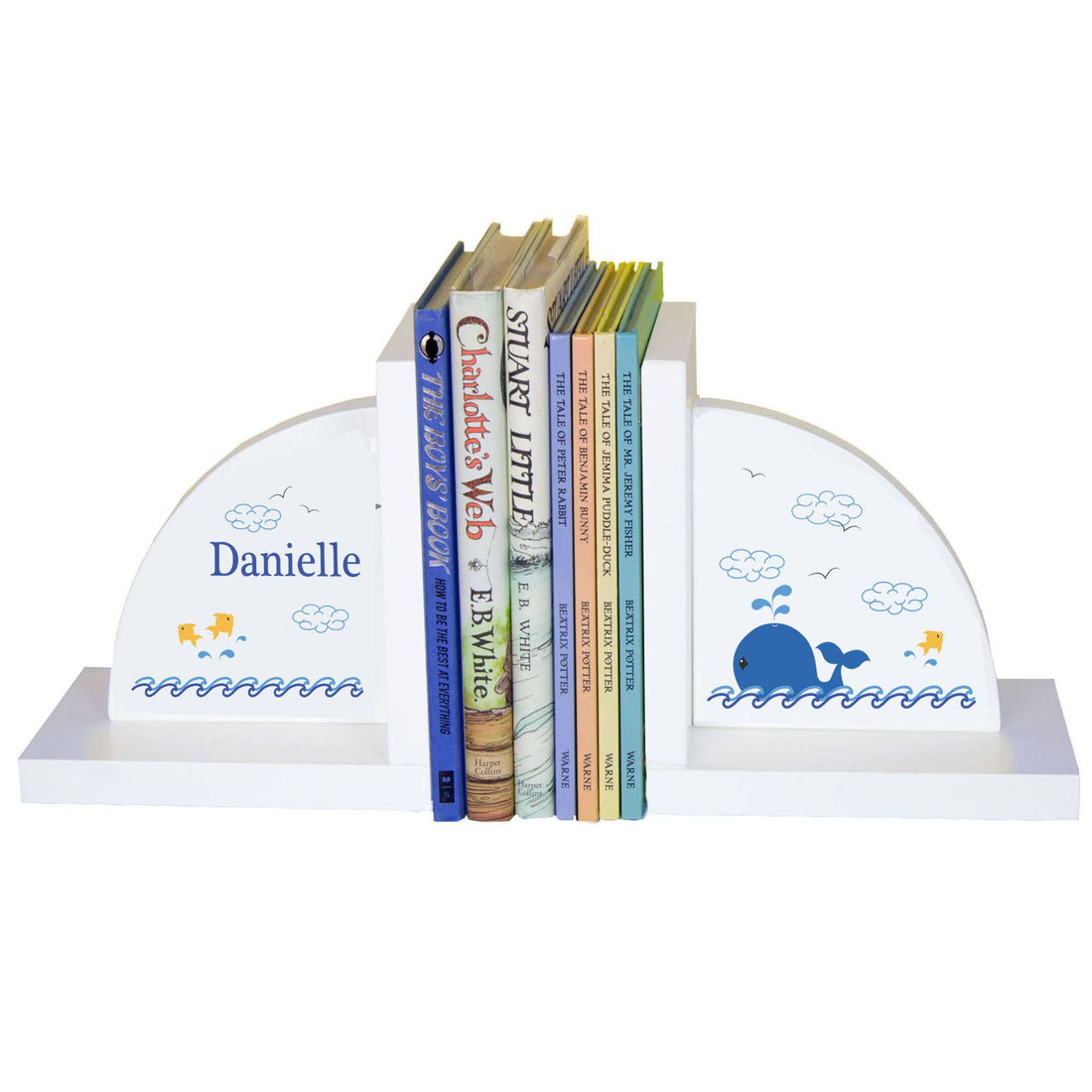 Personalized White Bookends with Blue Whale design