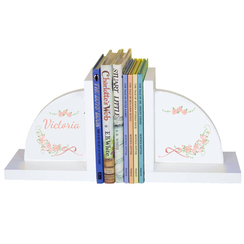 Personalized White Bookends with Blush Floral Garland design