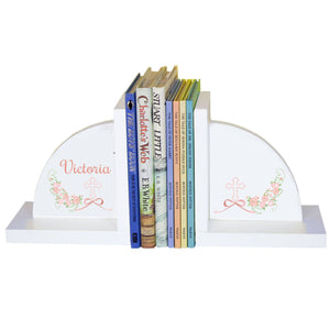 Personalized White Bookends with Holy Cross Blush Floral Garland design
