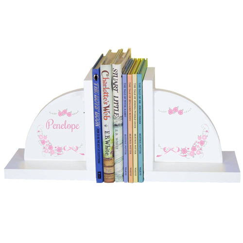 Personalized White Bookends with Pink Gray Floral Garland design