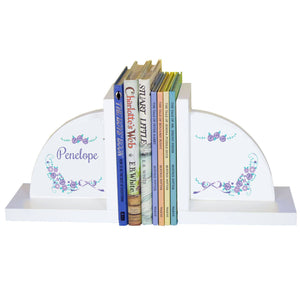 Personalized White Bookends with Lavender Floral Garland design