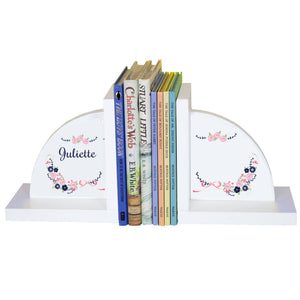Personalized White Bookends with Navy Pink Floral Garland design