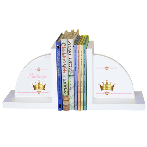 Personalized White Bookends with Pink Princess Crown design