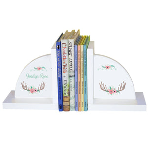 Personalized White Bookends with Floral Antler design