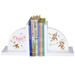 Personalized White Bookends with Monkey Girl design