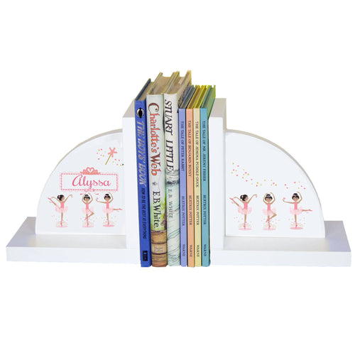 Personalized White Bookends with Ballerina Black Hair design