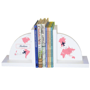 Personalized White Bookends with World Map Pink design